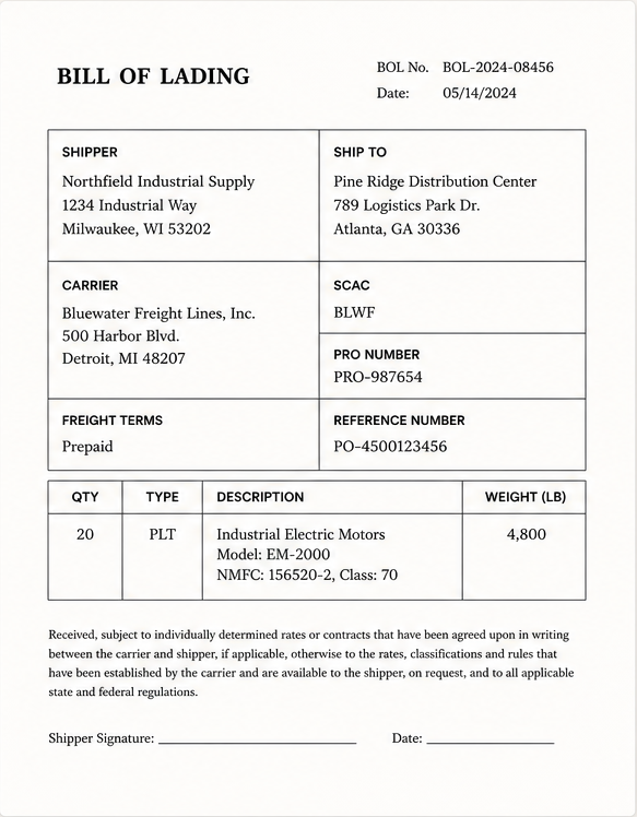 Bluewater Freight Lines bill of lading